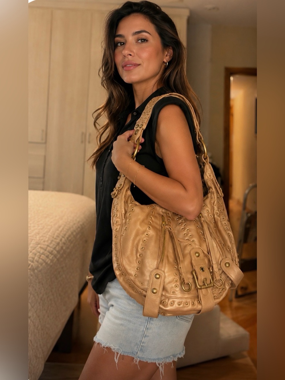Very rare Isabella Fiore Studded Saddle Shoulder Bag in metallic Pink/Tan.